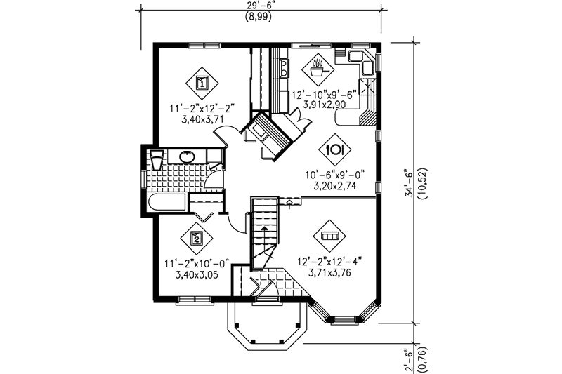Architectural House Design - Floor Plan - Main Floor for Cottage House Plan #25-1226 - 2 bed, 1 bath