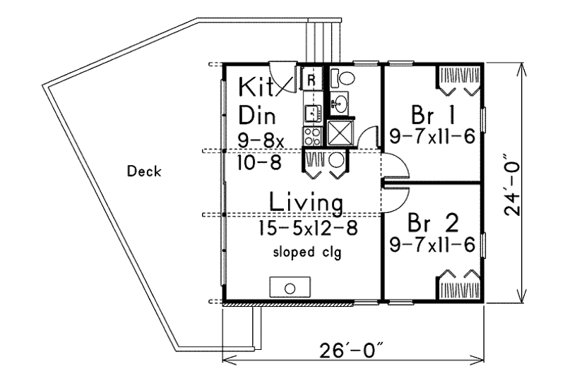 Architectural House Design - Floor Plan - Main Floor for Contemporary House Plan #57-475 - 2 bed, 1 bath