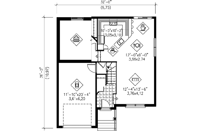 Architectural House Design - Floor Plan - Main Floor for European House Plan #25-394 - 3 bed, 1 bath