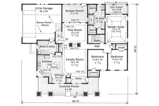 Floor Plan - Main Floor for Craftsman House Plan #51-514 - 3 bed, 2 bath