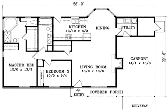 Floor Plan - Main Floor for Ranch House Plan #1-1044 - 2 bed, 2 bath