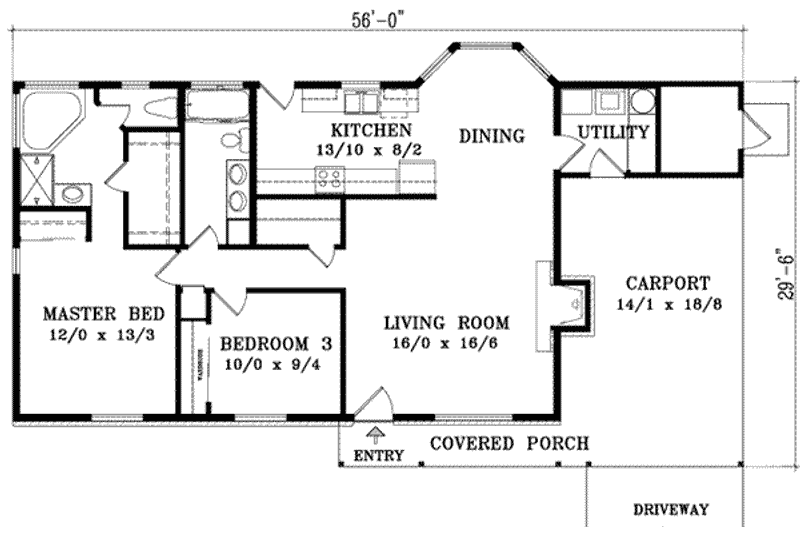House Plan Design - Floor Plan - Main Floor for Ranch House Plan #1-1044 - 2 bed, 2 bath