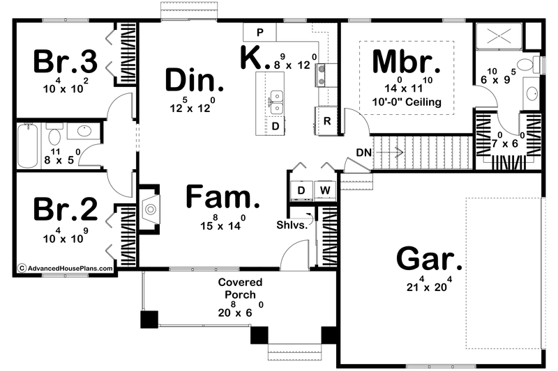 House Design - Floor Plan - Main Floor for Craftsman House Plan #455-418 - 3 bed, 2 bath