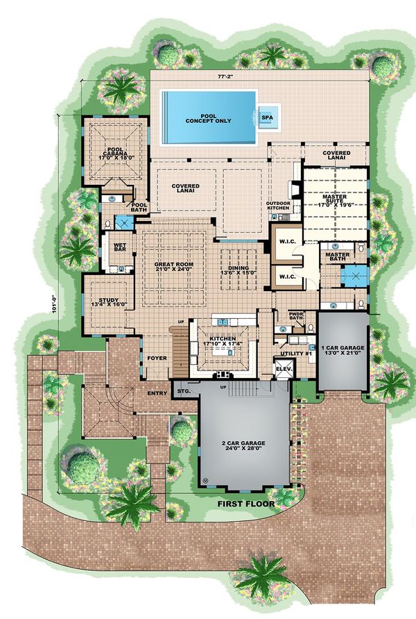 Beach style house plan, main level floor plan