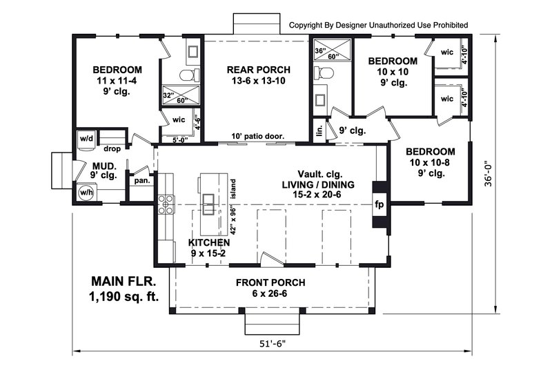 House Plan Design - Floor Plan - Main Floor for Craftsman House Plan #51-1445 - 3 bed, 2 bath