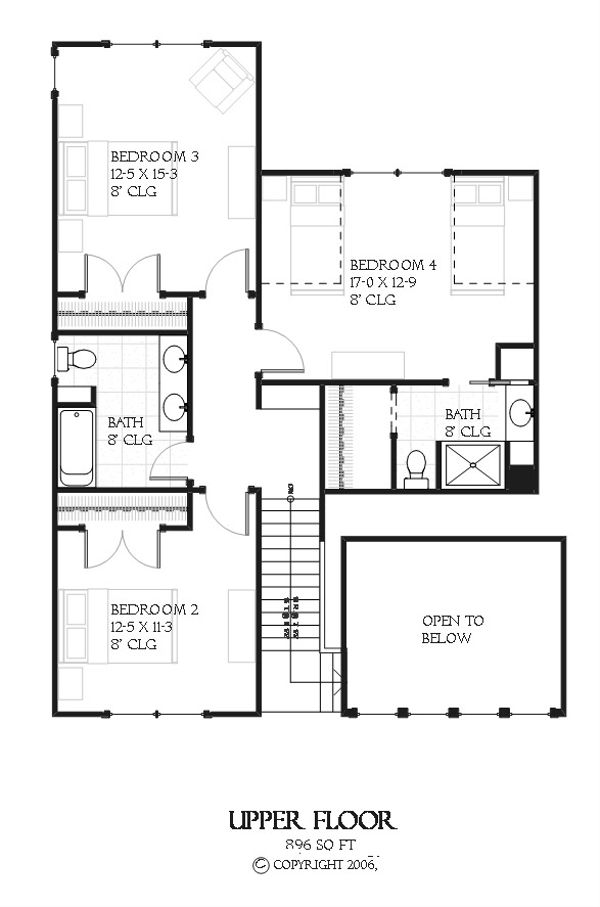 House Blueprint - Bungalow style house plan, Craftsman design, upper level floor plan