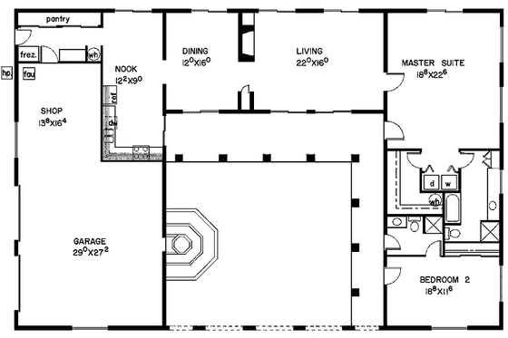 Floor Plan - Main Floor for Mediterranean House Plan #60-866 - 2 bed, 2 bath