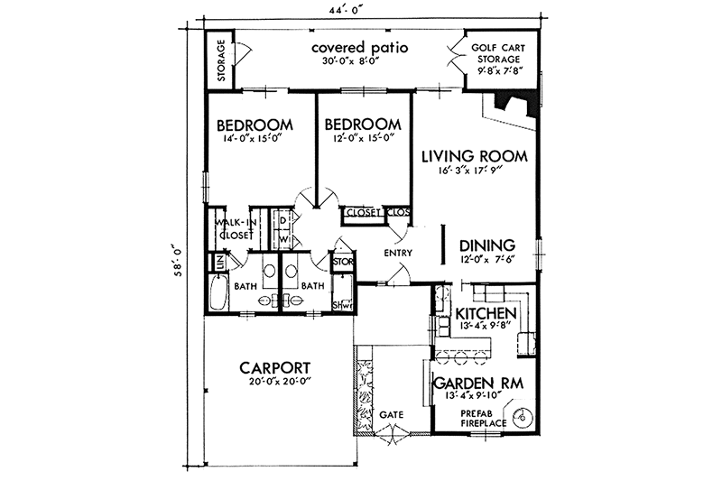 Home Plan - Floor Plan - Main Floor for Adobe / Southwestern House Plan #320-1370 - 2 bed, 2 bath