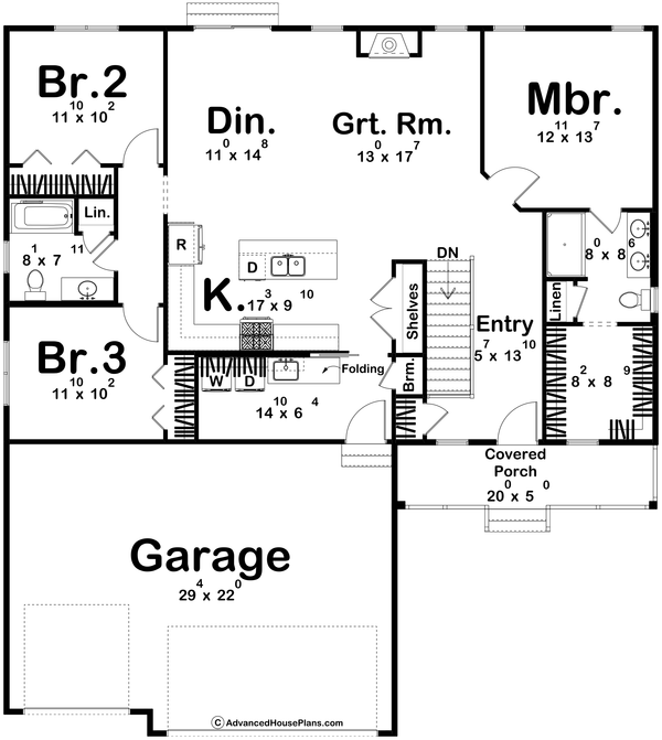Architectural House Design - Floor Plan - Main Floor for Farmhouse House Plan #455-804 - 3 bed, 2 bath