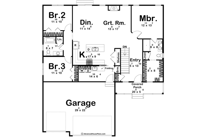 Architectural House Design - Floor Plan - Main Floor for Farmhouse House Plan #455-804 - 3 bed, 2 bath