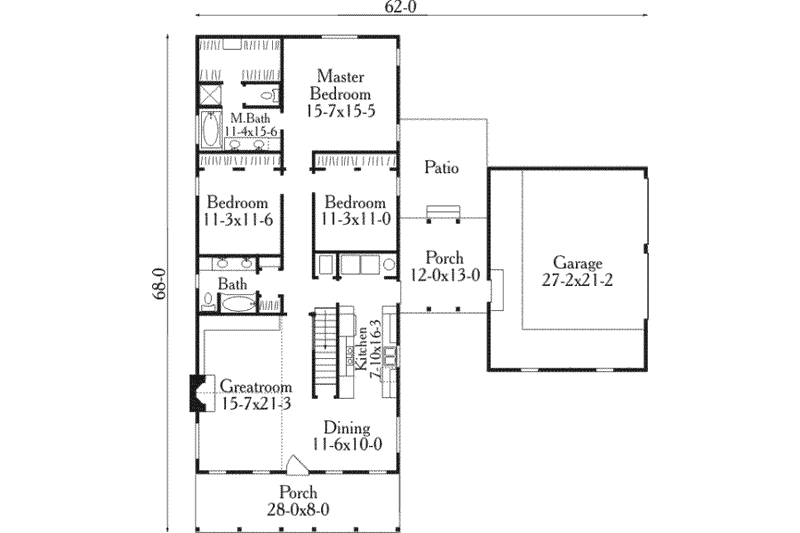 House Blueprint - Floor Plan - Main Floor for Southern House Plan #406-163 - 3 bed, 2 bath