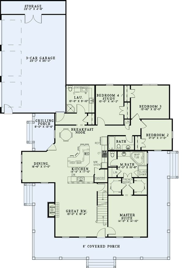Country style house plan, main level floor plan