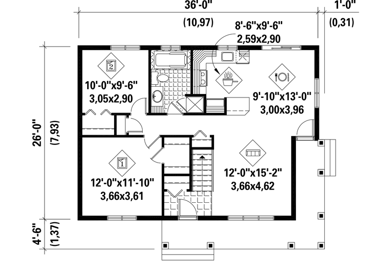 Home Plan - Floor Plan - Main Floor for Country House Plan #25-4290 - 2 bed, 1 bath