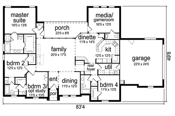 Floor Plan - Main Floor for European House Plan #84-521 - 4 bed, 2.5 bath