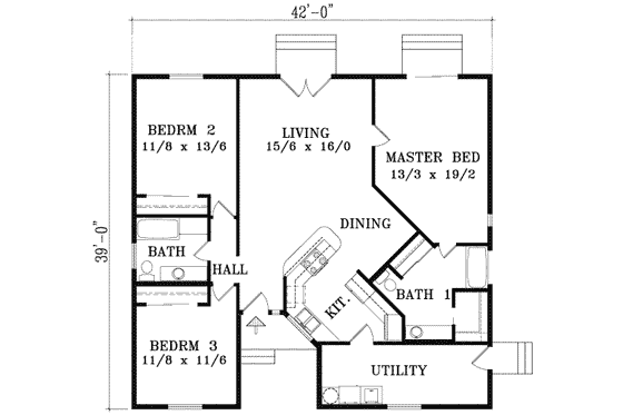 Floor Plan - Main Floor for Ranch House Plan #1-1284 - 3 bed, 2 bath