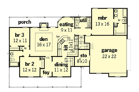 Floor Plan - Main Floor for Farmhouse House Plan #16-121 - 3 bed, 2 bath