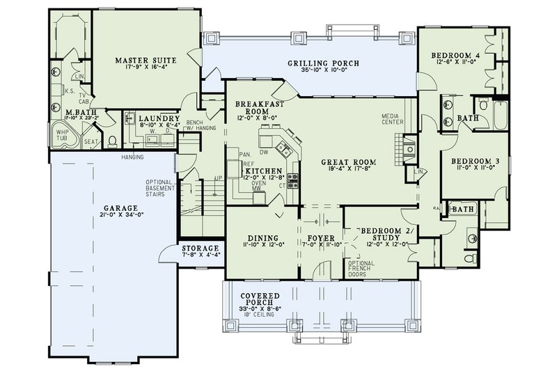 Architectural House Design - Floor Plan - Main Floor for Craftsman House Plan #17-2373 - 4 bed, 3 bath