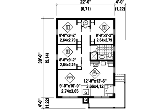 Floor Plan - Main Floor for Cottage House Plan #25-4383 - 3 bed, 1 bath