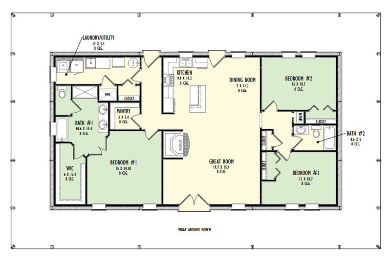 Architectural House Design - Floor Plan - Main Floor for Barndominium House Plan #1092-20 - 3 bed, 2 bath