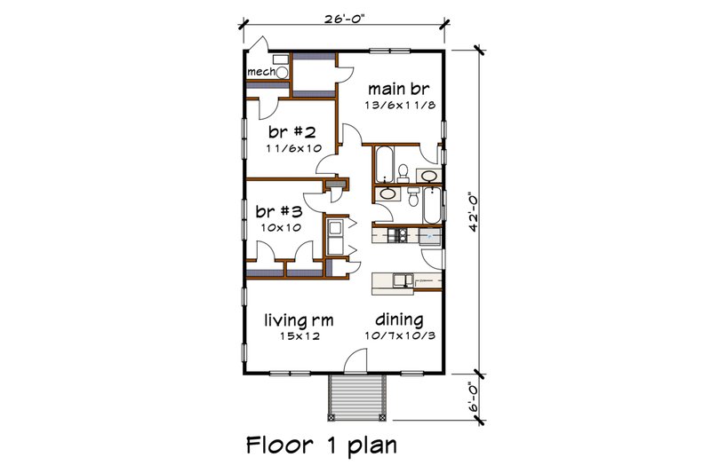 House Design - Floor Plan - Main Floor for Cottage House Plan #79-114 - 3 bed, 2 bath