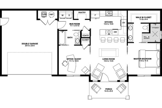Floor Plan - Main Floor for Farmhouse House Plan #126-175 - 2 bed, 2 bath