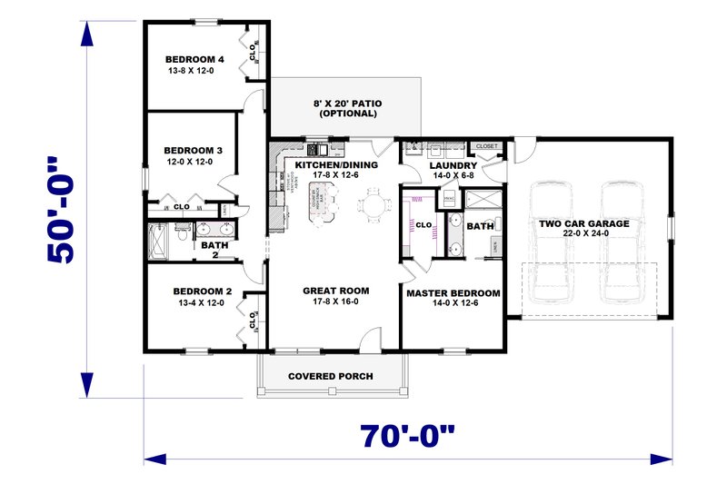 House Design - Floor Plan - Main Floor for Farmhouse House Plan #44-280 - 4 bed, 2 bath