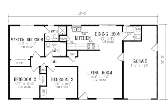 Floor Plan - Main Floor for Ranch House Plan #1-150 - 3 bed, 2 bath