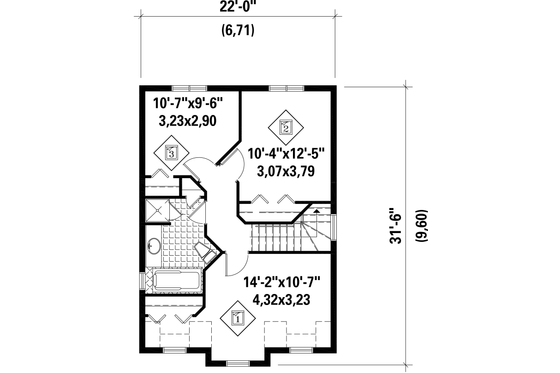 Floor Plan - Upper Floor for European House Plan #25-4725 - 3 bed, 1 bath