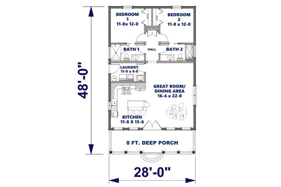Floor Plan - Main Floor for Traditional House Plan #44-245 - 2 bed, 2 bath