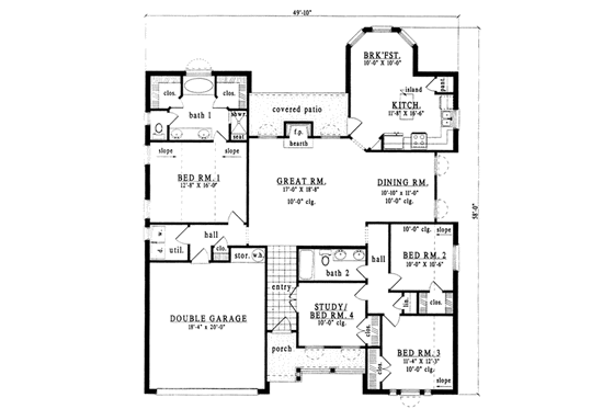Floor Plan - Main Floor for Traditional House Plan #42-172 - 4 bed, 2 bath