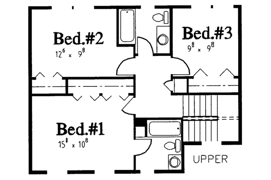 Floor Plan - Upper Floor for Traditional House Plan #303-344 - 3 bed, 2.5 bath