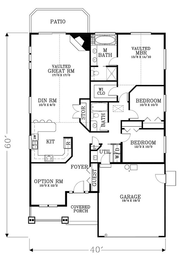 Floor Plan - Main Floor for Craftsman House Plan #53-458 - 2 bed, 2 bath