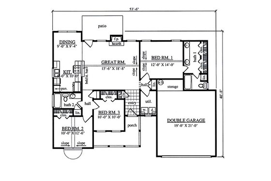 Floor Plan - Main Floor for Southern House Plan #42-408 - 3 bed, 2 bath