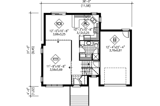Floor Plan - Main Floor for Traditional House Plan #25-2205 - 2 bed, 1.5 bath
