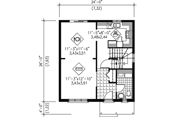 Floor Plan - Main Floor for European House Plan #25-4007 - 2 bed, 1.5 bath