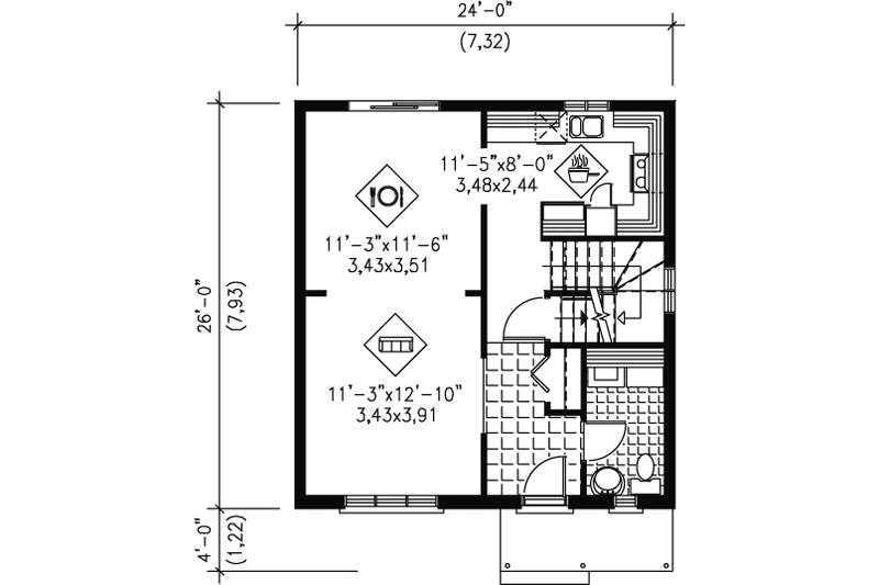 Dream House Plan - Floor Plan - Main Floor for European House Plan #25-4007 - 2 bed, 1.5 bath