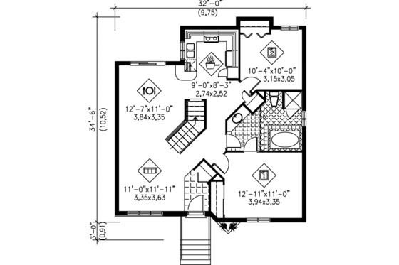 Floor Plan - Main Floor for Traditional House Plan #25-1173 - 2 bed, 1 bath