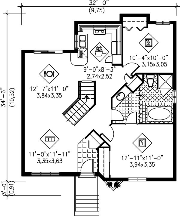 Traditional Style House Plan - 2 Beds 1 Baths 983 Sq/Ft Plan #25-1173 ...