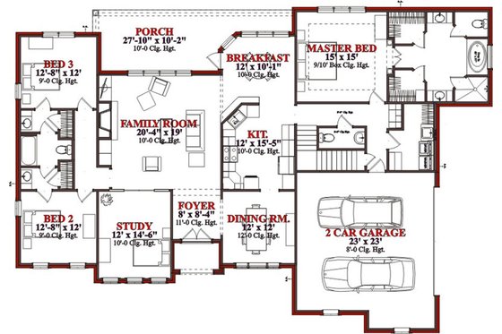 Floor Plan - Main Floor for Traditional House Plan #63-327 - 4 bed, 3.5 bath