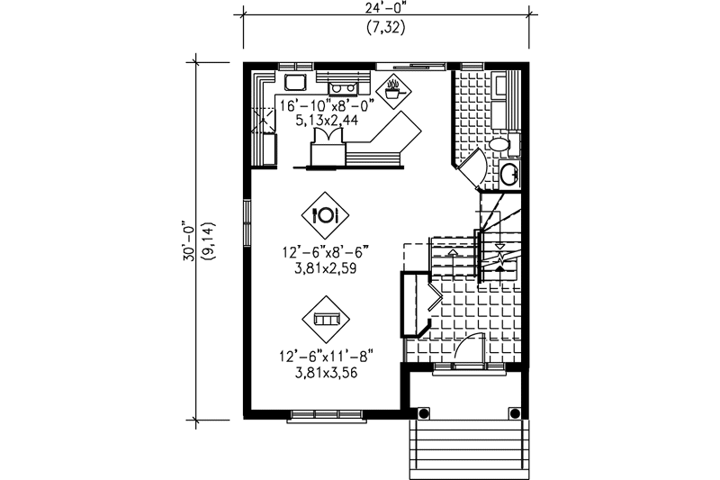 House Blueprint - Floor Plan - Main Floor for European House Plan #25-2142 - 2 bed, 1.5 bath