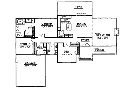 Floor Plan - Main Floor for Ranch House Plan #98-102 - 3 bed, 2 bath