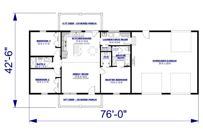 House Blueprint - Floor Plan - Main Floor for Farmhouse House Plan #44-271 - 3 bed, 2 bath