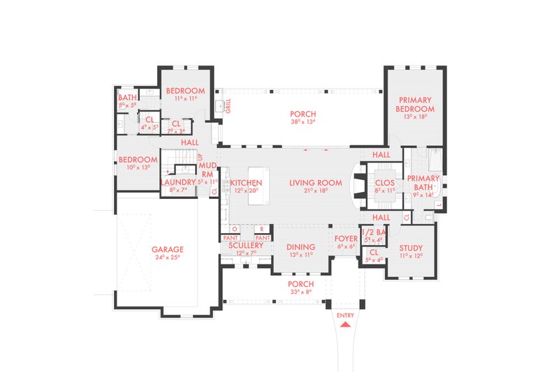 House Blueprint - Floor Plan - Main Floor for Farmhouse House Plan #80-228 - 4 bed, 2.5 bath