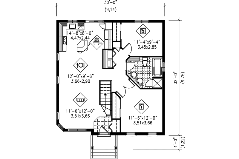 Architectural House Design - Floor Plan - Main Floor for Traditional House Plan #25-182 - 2 bed, 1 bath