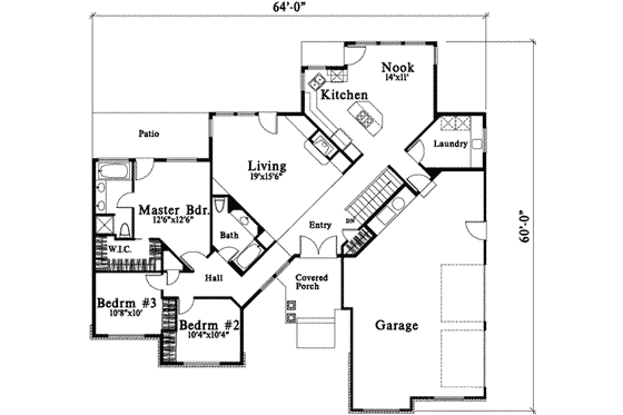 Floor Plan - Main Floor for Ranch House Plan #78-213 - 3 bed, 2 bath