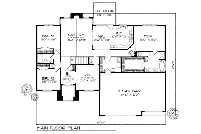 House Blueprint - Floor Plan - Main Floor for Traditional House Plan #70-280 - 3 bed, 2 bath