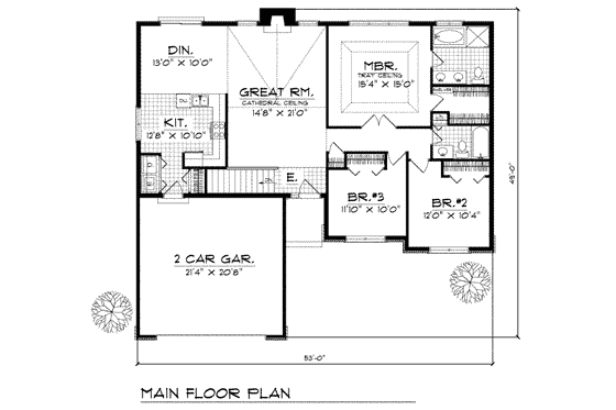 Floor Plan - Main Floor for Traditional House Plan #70-269 - 3 bed, 2 bath