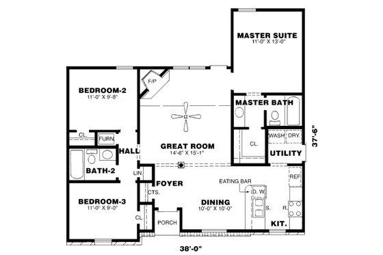 Floor Plan - Main Floor for Traditional House Plan #34-101 - 3 bed, 2 bath