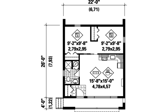 Floor Plan - Main Floor for Contemporary House Plan #25-4567 - 2 bed, 1 bath