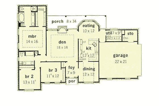 Floor Plan - Main Floor for Southern House Plan #16-146 - 3 bed, 2 bath